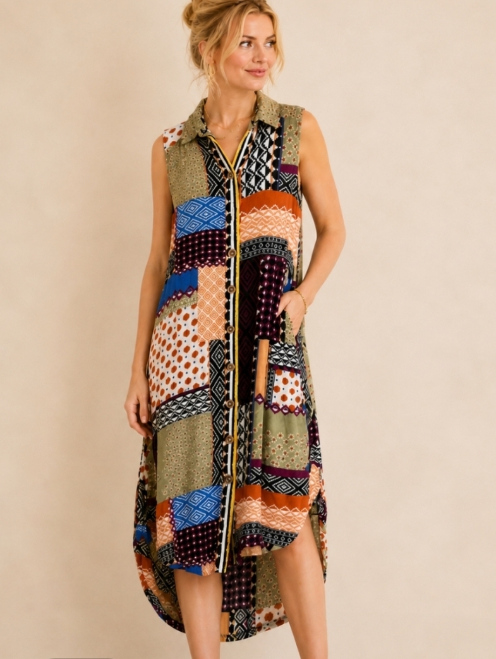 Anthropologie Patchwork Shirt Dress Sleeveless Button Front Boho Midi  Sz 12